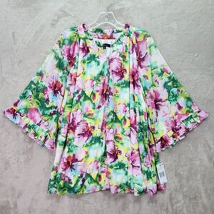 Calessa Tunic Womens 2X Pink Floral Button Front Blouse Top Ruffle Sleeve Office